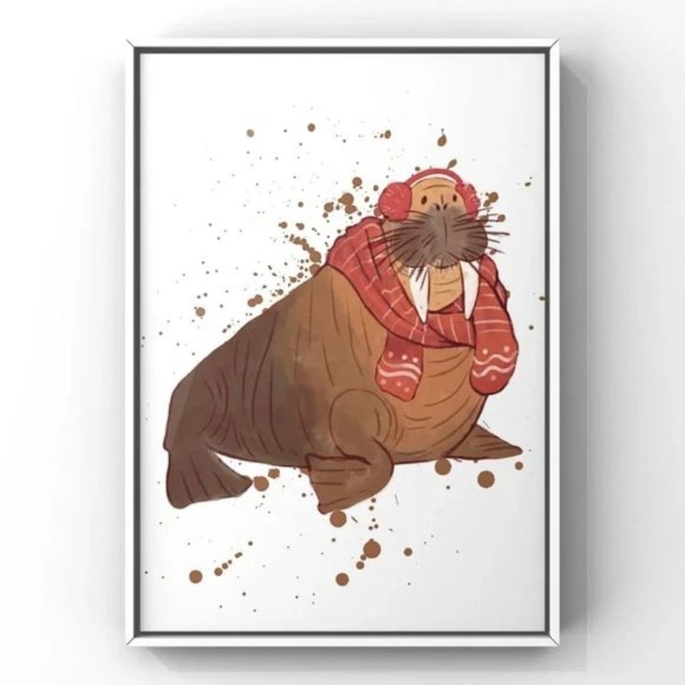 Christmas Animal Wall Art Winter Holiday Walrus in scarf and winter muffs art